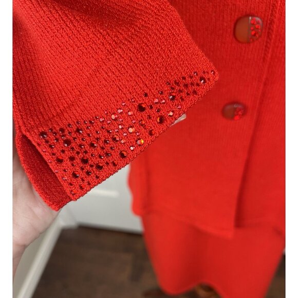 Vintage Toula Red Crystal Knit Skirt Suit Evening Jacket Set Size 12 Elegant - Picture 6 of 14